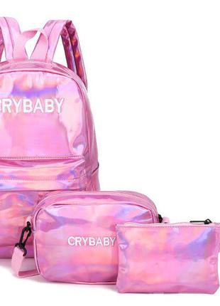 Модный голографический набор 3в1 рюкзак сумка клатч cry baby2 фото