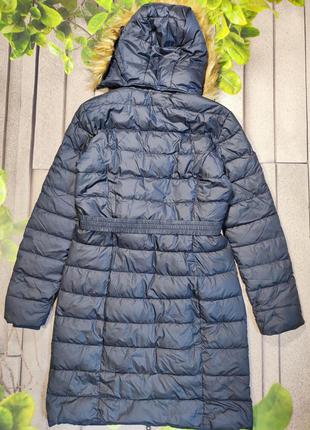 Пальто стеганое женское теплое удлиненная куртка с капюшоном синяя10 фото