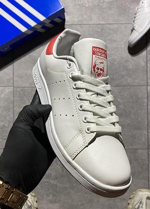 Женские белые с красным кожаные кеды adidas stan smith🆕кроссовки адидас стэн смит🆕