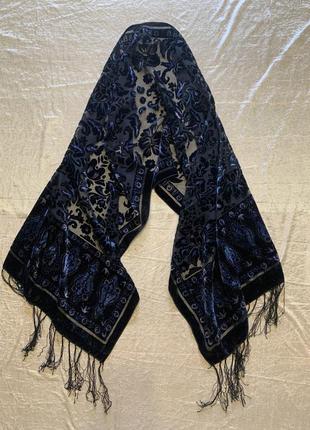 Шовковий оксамитовий шарф, шаль з бахромою 155*521 фото
