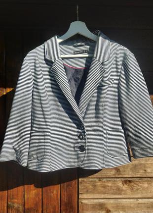 Укорочений піджак у смужку з кишенями, три ґудзики, з коміром2 фото