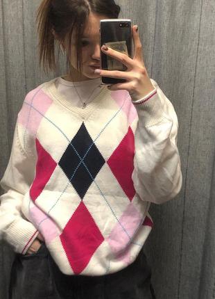 Пуловер розовый в клетку джемпер свитер оверсайз7 фото