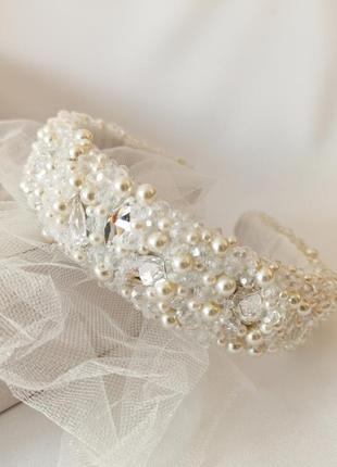Обруч-ободок для волос, расшит хрусталём и swarovski перламутрового цвета, украшения для невесты ksenija vitali2 фото