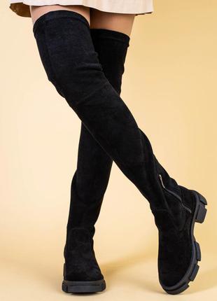 Ботфорты женские замшевые черные на низком ходу, зимние7 фото