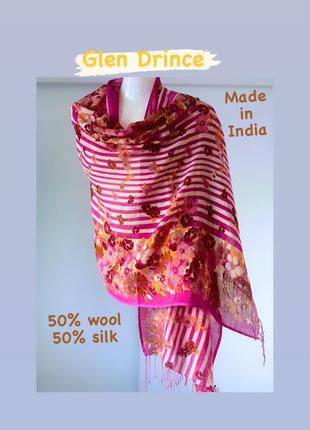 Шарф з натуральної тканини в рожеву смужку з квітами 50% wool 50% silk glen drince made in india