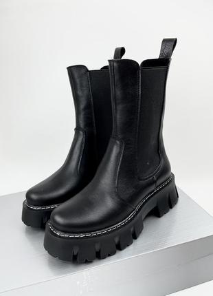 Чёрные ботинки челси на высокой подошве из натуральной кожи6 фото