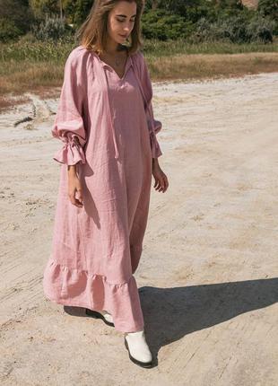 Розовое платье-туника из льна свободного кроя с карманами4 фото