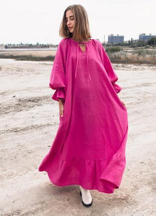 Розовое платье-туника из натурального льна в стиле бохо1 фото