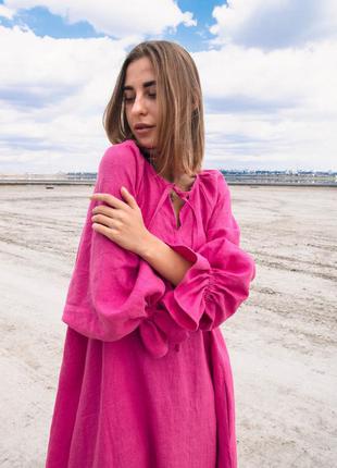 Розовое платье-туника из натурального льна в стиле бохо2 фото