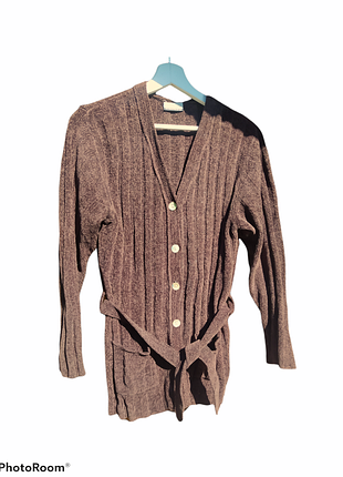 Рельєфний шоколадний кардиган з поясочком, рельєфний шоколадний кардиган в смужку