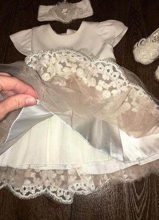 Невероятно красивый нежный набор платье бодик колготки пинетки повязка юной принцессе7 фото