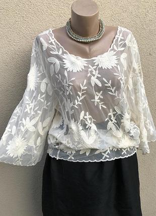 Кружевная блуза с вышивкой,летняя,пляжная,этно бохо стиль,хлопок,julie,