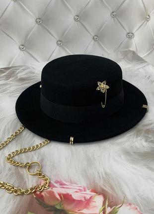 Шляпа канотье черная с цепью и пирсингом pin flower шерсть 100 %