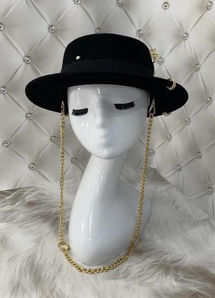 Шляпа канотье черная с цепью и пирсингом pin flower шерсть 100 %3 фото