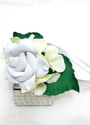 Нарядный белый ободок обруч на голову роза белая фоамиран гортензии ткань дизайнерский3 фото