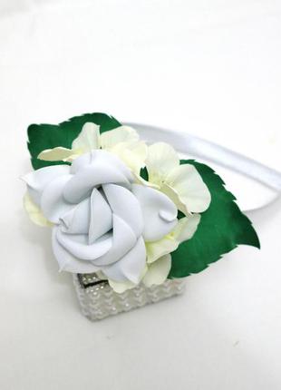 Нарядный белый ободок обруч на голову роза белая фоамиран гортензии ткань дизайнерский2 фото