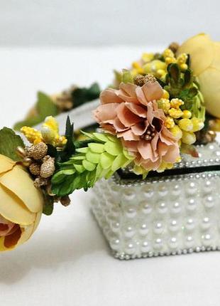 Осенний венок на голову ободок обруч пионы цвет жёлто-сухой хмель зеленовато-жёлтый