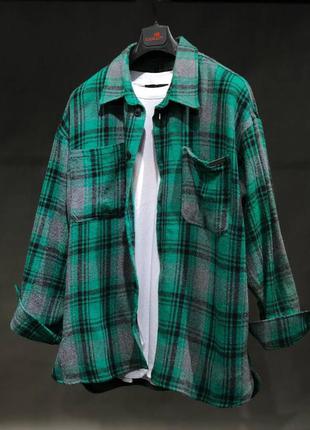 Рубашка мужская байковая в клетку бежевая зеленая турция / сорочка чоловіча в клітинку блуза зелена6 фото