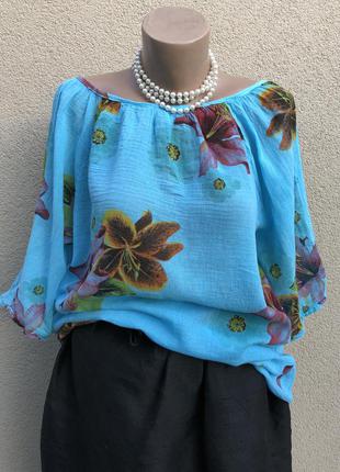 Блуза,рубаха реглан,цветочный принт,батал,большой размер,этно бохо стиль,италия