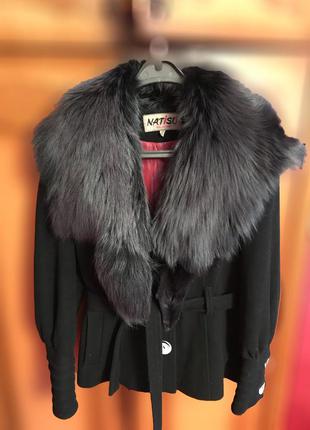 Чорне зимове двобортне кашемірове пальто з хутром лисиця, зі знімним коміром