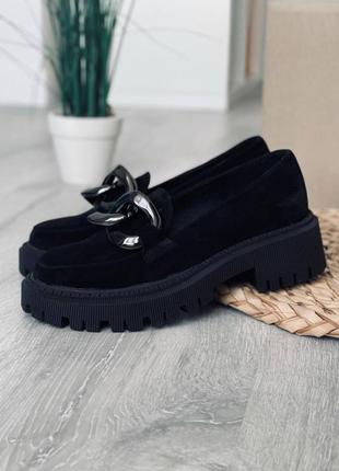 Туфли лоферы натуральная замша черный мокасины на высокой подошве демисезонные