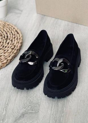 Туфли лоферы натуральная замша черный мокасины на высокой подошве демисезонные