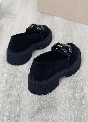 Туфли лоферы натуральная замша черный мокасины на высокой подошве демисезонные
