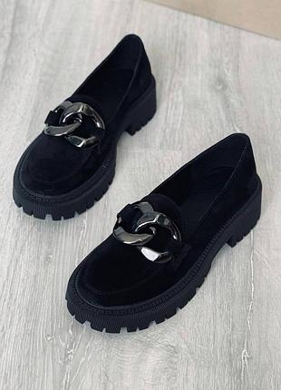 Туфли лоферы натуральная замша черный мокасины на высокой подошве демисезонные