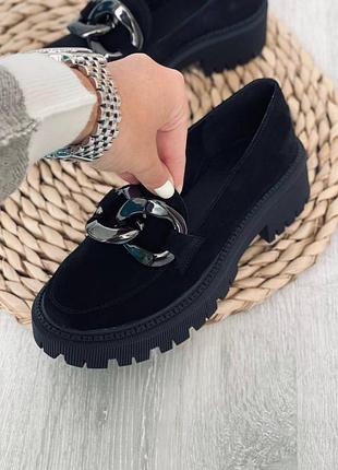 Туфли лоферы натуральная замша черный мокасины на высокой подошве демисезонные