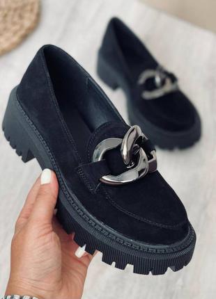 Туфли лоферы натуральная замша черный мокасины на высокой подошве демисезонные