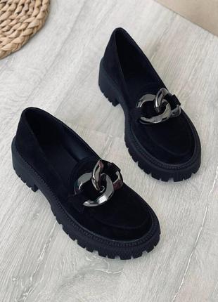Туфли лоферы натуральная замша черный мокасины на высокой подошве демисезонные