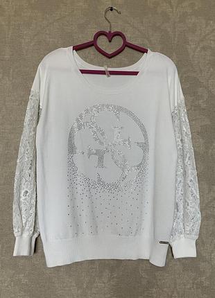 Свитер джемпер с кружевными рукавами guess, оригинал.