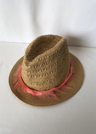 Хиппи шляпа из соломки с лентой из перьев рыжая узорчатая5 фото