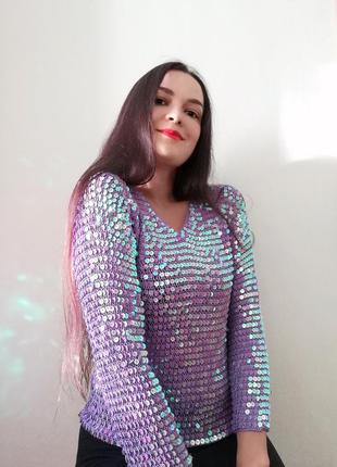 Блестящая лавандовая кофта топ с паетками