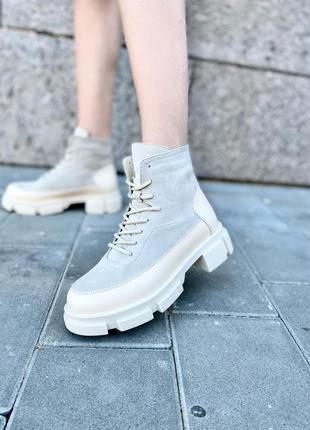 Ботинки натуральная кожа бежевый деми замша боты светлые демисезонные на высокой подошве