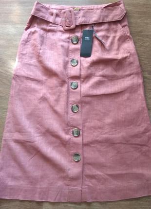 Шикарная актуальная юбка на пуговицах marks&spenser лен с поясом размер 101 фото