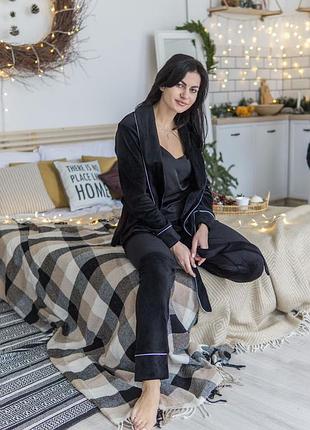 Хіт! чорна тепла бархатна піжама, халат/штани/шорти/футболка/чорний зимовий костюм піжамний