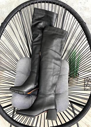 Кожаные сапоги чулки на невысоком каблуке 6см с квадратным мысом4 фото