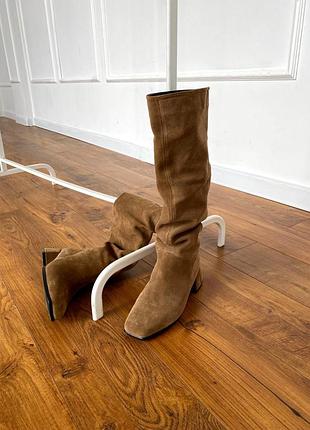 Чоботи труби замшеві шкіряні с квадратним мисом на підборах