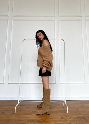 Чоботи труби замшеві шкіряні с квадратним мисом на підборах