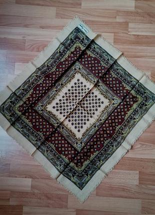 🍁винтажный шерстяной платок каре в принт🍁бежева вовняна хустина