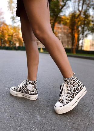 Converse chuck taylor all star high leopard женские леопардовые высокая подошва кеды жіночі леопардові трендові стильні кеди висока платформа8 фото