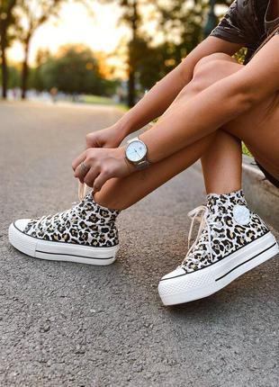 Converse chuck taylor all star high leopard женские леопардовые высокая подошва кеды жіночі леопардові трендові стильні кеди висока платформа6 фото