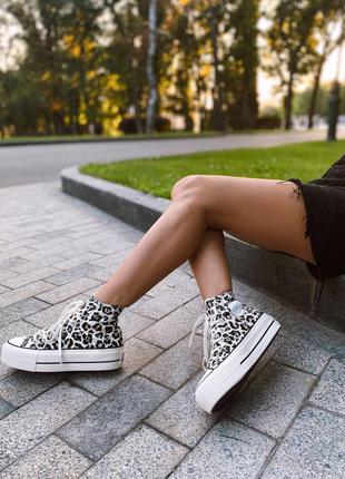 Converse chuck taylor all star high leopard женские леопардовые высокая подошва кеды жіночі леопардові трендові стильні кеди висока платформа4 фото