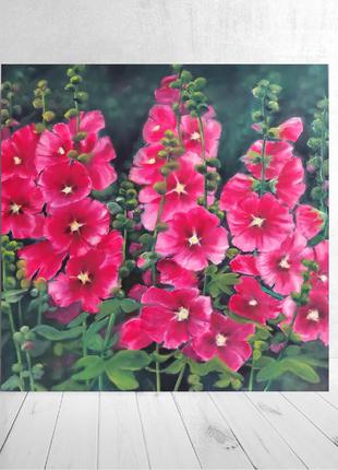 Интерьерная картина с мальвами маслом на холсте