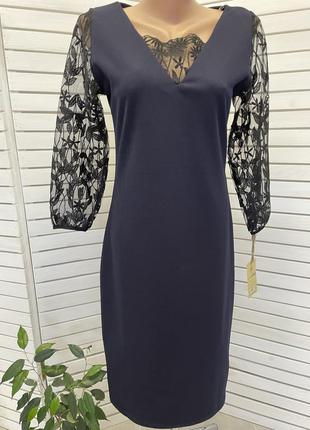 Темно-синя сукня з мереживними вставками платье с кружевом1 фото