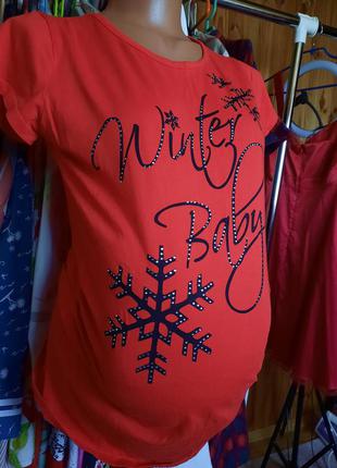 Красная футболка  для беременных maternity  new look зимняя в снежинки1 фото