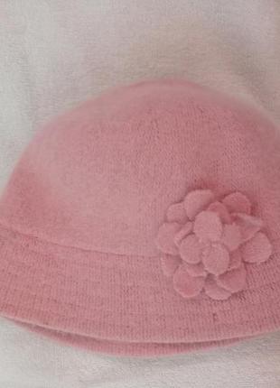Мягенькая нежная элегантная розовая шляпа шапка панама с цветком ангора шерсть