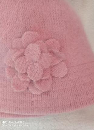 Мягенькая нежная элегантная розовая шляпа шапка панама с цветком ангора шерсть2 фото