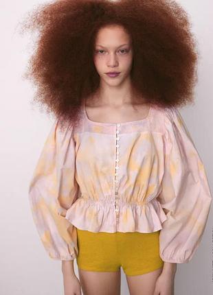 Блуза, блузка, рубашка, блуза с объемными рукавами, рубашка тай дай, блуза с баской, хлопковая